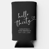 モダンな黒と白のHello 30 バースデー スリム缶クーラー (正面)
