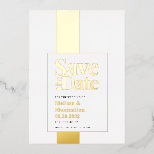 モダンな黒と白のSave Date箔押し招待状 箔招待状 (正面)