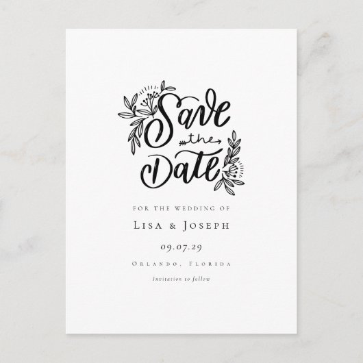 モダンな黒と白のSave the Date 案内ポストカード (正面)