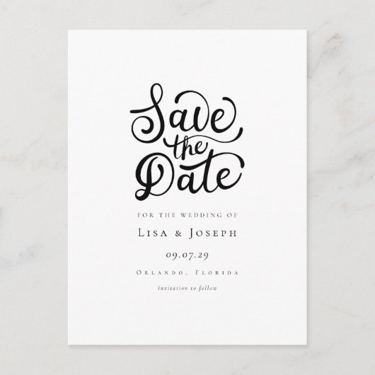 モダンな黒と白のSave the Date 案内ポストカード (正面)