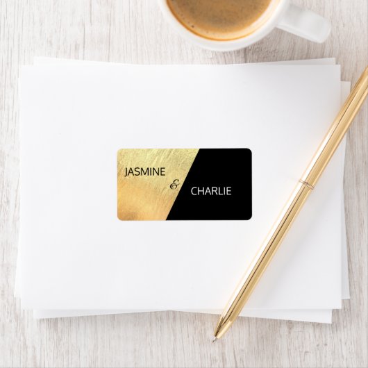モダンな黒と金の箔押し ウェディングリターン ラベル (インサイチュ)