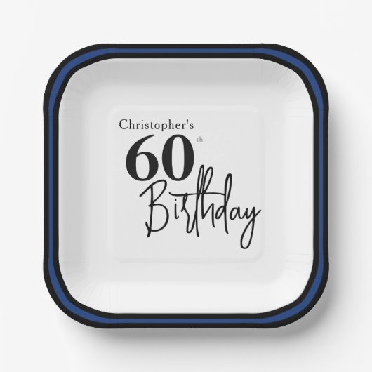 モダンな黒と青の華やかな60歳の誕生日プレート ペーパープレート (正面)