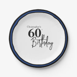 モダンな黒と青の華やかな60歳の誕生日プレート ペーパープレート