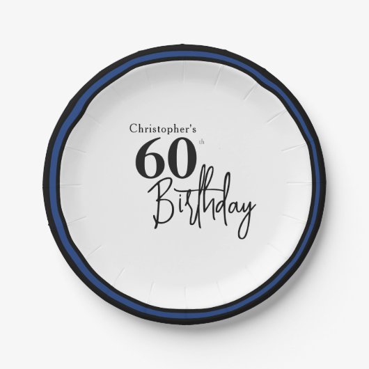 モダンな黒と青の華やかな60歳の誕生日プレート ペーパープレート (正面)