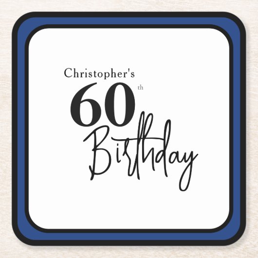 モダンな黒と青の60歳の誕生日用コースター スクエアペーパーコースター (正面)