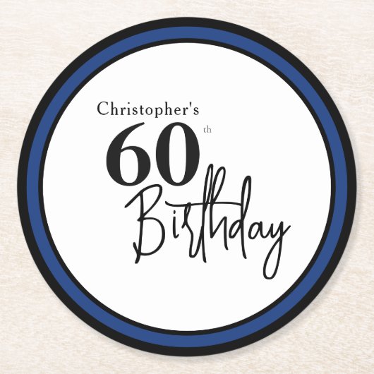 モダンな黒と青の60歳の誕生日用コースター ラウンドペーパーコースター (正面)