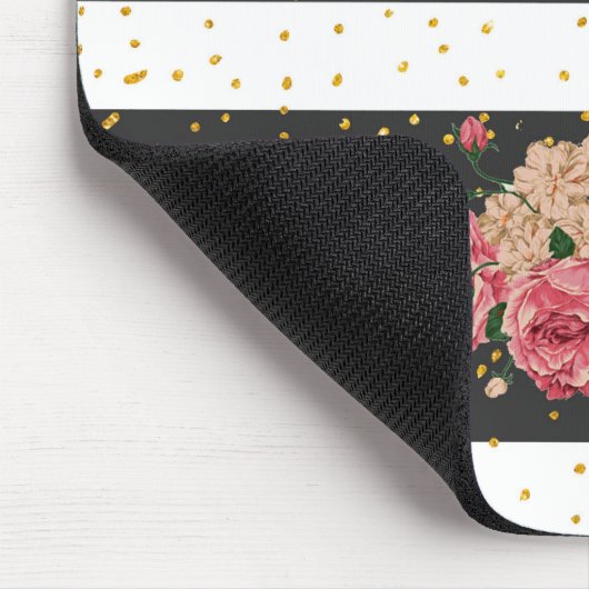 モダンな黒のストライブ柄の金ゴールドのフェイクなグリッターの花柄 マウスパッド (コーナー)