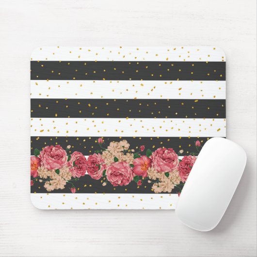 モダンな黒のストライブ柄の金ゴールドのフェイクなグリッターの花柄 マウスパッド (マウス)