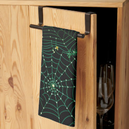モダンな黒のハロウィン スパイダーウェブとドット柄 キッチンタオル