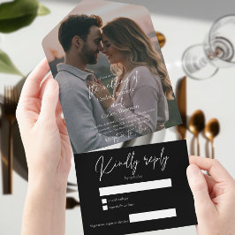 モダンな黒の結婚式の写真とRSVPの招待状 オールインワン招待状