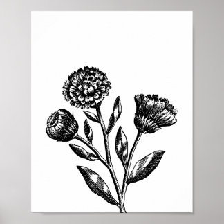 モダンな黒の花のイラストアート ポスター