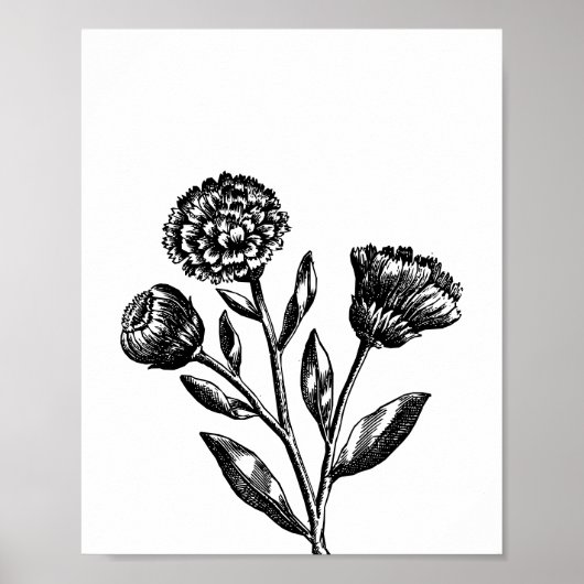 モダンな黒の花のイラストアート ポスター (正面)
