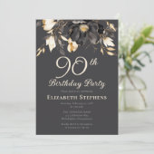 モダンな黒モクレンの花の90歳の誕生日パーティー 招待状 (スタンド正面)
