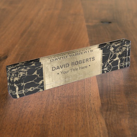 モダンな黒及び金ゴールドの大理石 デスクネームプレート (側面)