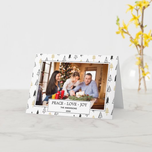 モダンな黒及び金ゴールドの平和愛喜びのクリスマスの写真 カード (黄色い花)