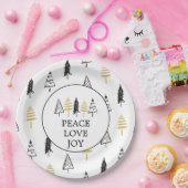 モダンな黒及び金ゴールドの平和愛喜びのクリスマスツリー ペーパープレート (パーティー)