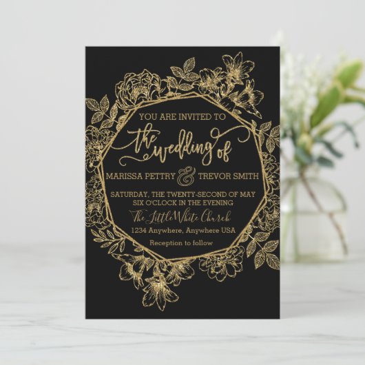 モダンな黒及び金ゴールドホイルの花の結婚式 招待状 (スタンド正面)