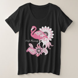 モダンな黒地にピンクのフラミンゴ プラスサイズTシャツ
