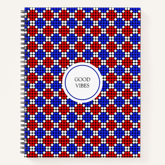 モダンな黒地に青赤白のドットダイヤモンド ノートブック (正面)