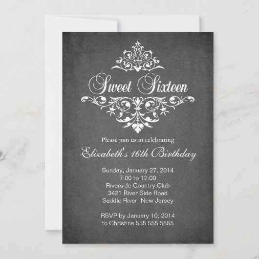 モダンな黒板 スイート16の誕生日パーティー 招待状 (正面)