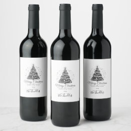 モダンな黒白のクリスマスツリー ワインラベル