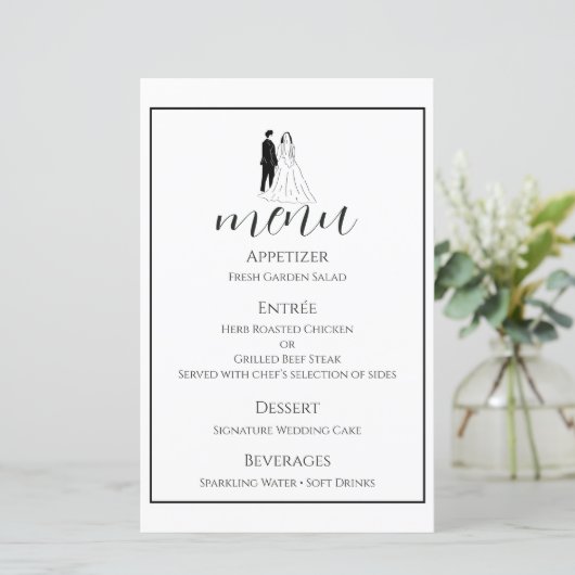 モダンな黒白の結婚式メニューカード (スタンド正面)