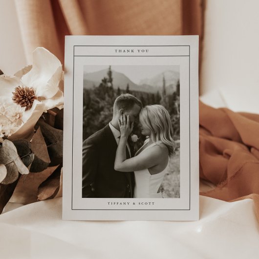 モダンな黒白の結婚式写真カリグラフィー サンキューカード