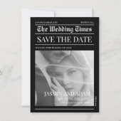 モダンな黒白新聞風結婚式 セーブザデート (正面)