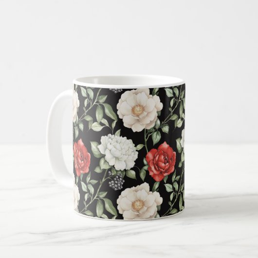 モダンな黒赤白の花 コーヒーマグカップ (正面左)