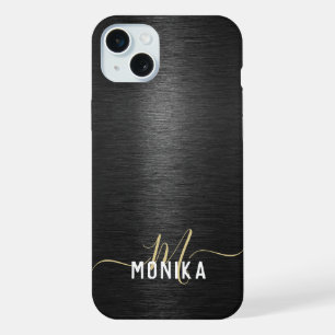 モダンな黒金モノグラム オリジナルデザイン iPhone 15 PLUSケース