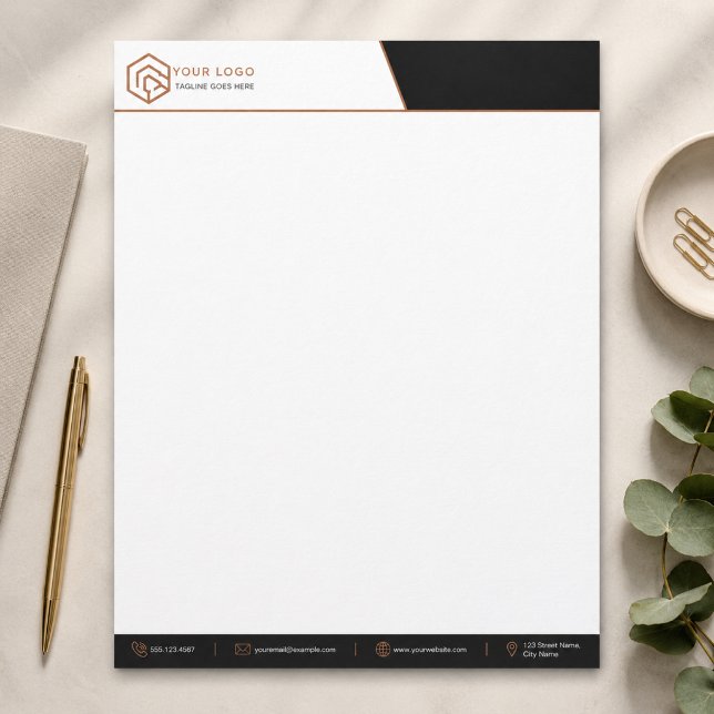 モダンな黒銅の企業のブランドイメージ レターヘッド (Minimalist Black Copper Letterhead for Modern Business Branding)