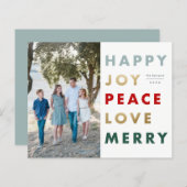 モダンな1枚の写真を使ったクリスマスホリデーカード ボールドで明るいフォントがカラフルに交互に並び、 (正面/裏面)