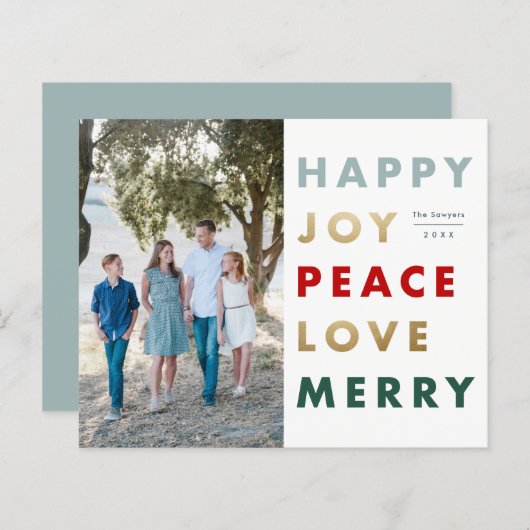 モダンな1枚の写真を使ったクリスマスホリデーカード ボールドで明るいフォントがカラフルに交互に並び、 (正面/裏面)