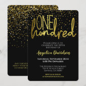 モダンな100歳の誕生日 ブラックゴールド 招待状 (正面/裏面)