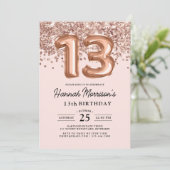 モダンな13歳の誕生日 ローズゴールドバルーン パーティー 招待状 (スタンド正面)