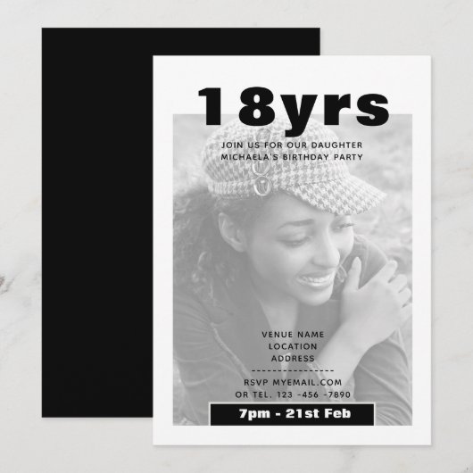 モダンな18歳の誕生日写真招待状 ブラック 招待状 (正面/裏面)