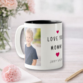 モダンな2枚のフォトコラージュ Love You Mommy ツートーンマグカップ