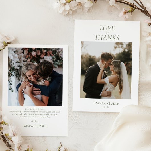 モダンな2枚の写真とLove & Thanks Scriptの結婚式 サンキューカード