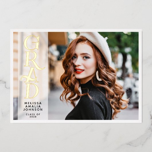 モダンな2枚の写真を使った卒業証書の本物の箔押しのお知らせ 箔招待状 (正面)