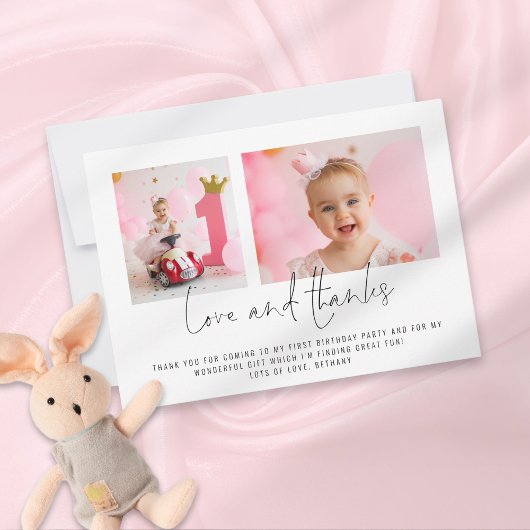 モダンな2枚の写真を使った1歳の誕生日ラブ＆サンクスカード 招待状