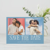 モダンな2枚の写真入りデニムブルーの結婚式 セーブザデート (スタンド正面)