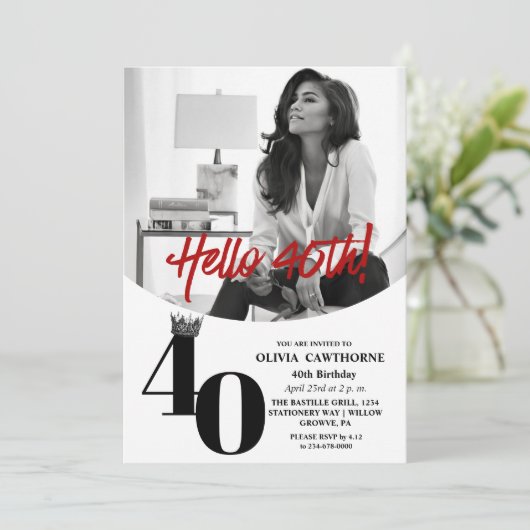 モダンな2枚の写真 40歳の誕生日 ホワイト ブラック 招待状 (スタンド正面)