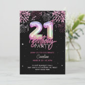 モダンな21歳のピンクのホイル風船の花火の誕生日 招待状 (スタンド正面)