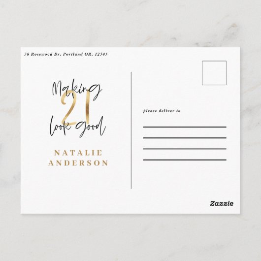 モダンな21歳の誕生日タイポグラフィー　ブラックとゴールド ポストカード (裏面)