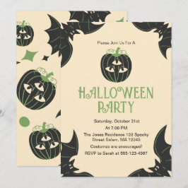 モダンな3つの目をしたカボチャとコウモリのハロウィンパーティー 招待状
