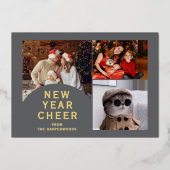 モダンな3枚のフォトコラージュで新年を祝おう 箔シーズンカード (正面)