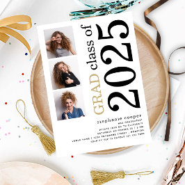 モダンな3枚の写真と大胆な2023年白い卒業証書 招待状