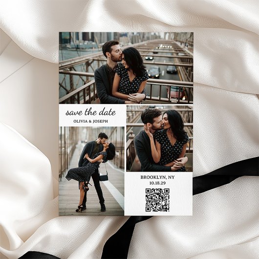 モダンな3枚の写真とQRコードの結婚式 セーブザデート