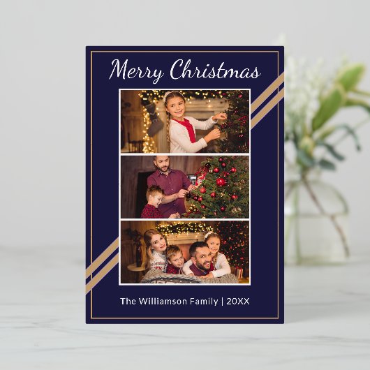 モダンな3枚の写真の組み合わせ ネイビーブルー クリスマスカード 箔シーズンカード (立ち正面)