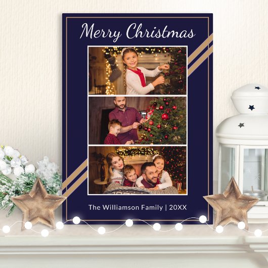 モダンな3枚の写真の組み合わせ ネイビーブルー クリスマスカード 箔シーズンカード